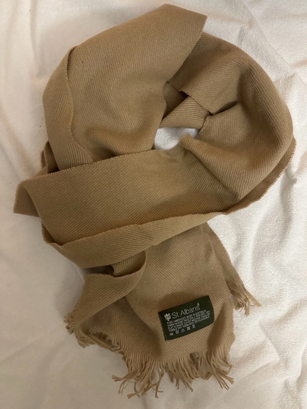 St Albans Australia Pure Lambswool Scarf Camel Beige Fringed Fall Winter 11x67